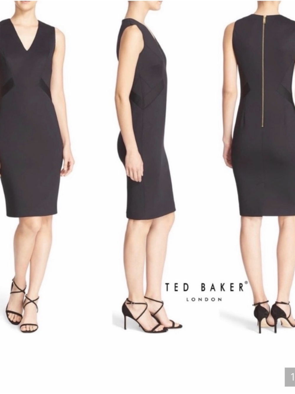 Ted Baker Black V-Neck Sleeveless Midi Sheath Dress